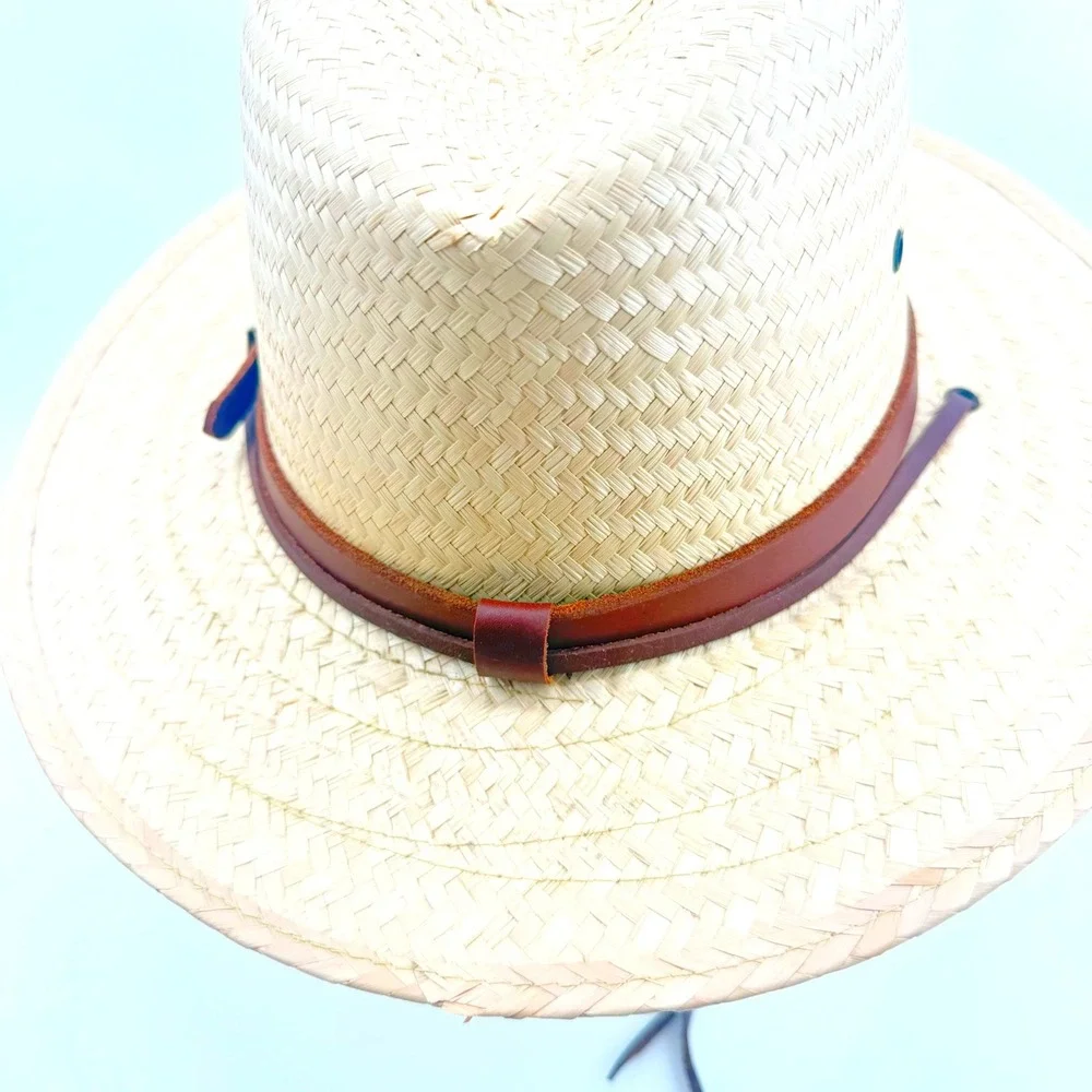Double M Saddlery Boot Daddy Straw Safari Hat OS Natural Tan Leather Band Strap